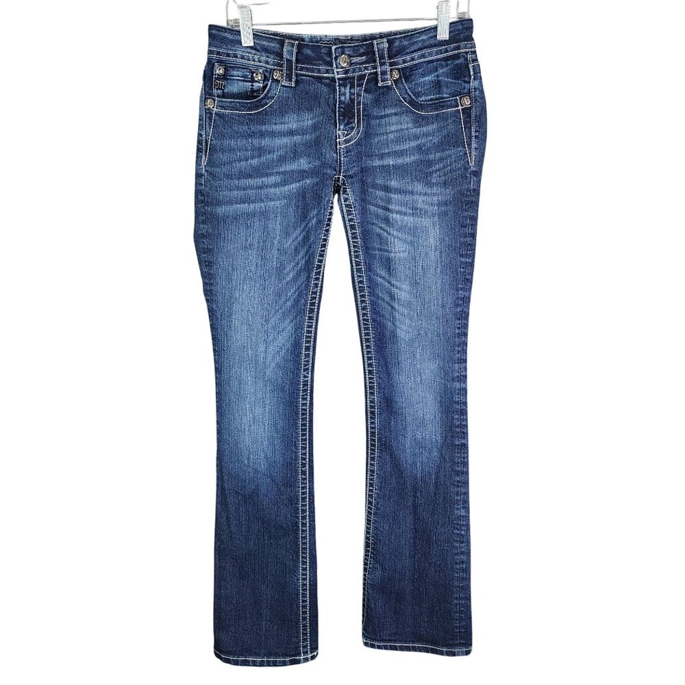 Womens Miss Me Boot Cut Blue Denim Jeans Distressed Embroidered Mid Rise 28